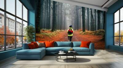 Adventure woman walk alone in the middle of a hgh pine trees forest in autumn season and mist weather feeling - freedom and outdoor leisure activity at the park people concept Wall mural