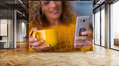 Autumn and technology mobile phone cconcept - middle age modern woman drink tea or coffee at home while chek the cellular for internete messages od news from social media - focus on mug Wall mural