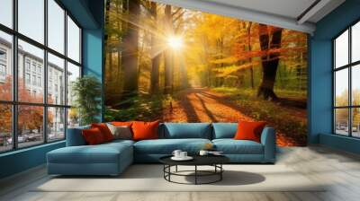 Autumn forest nature. Scenery of nature with sunlight. Wall mural