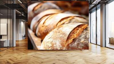 Baked crispy sourdough bread in the oven. Bread preparation. Generative AI. Wall mural