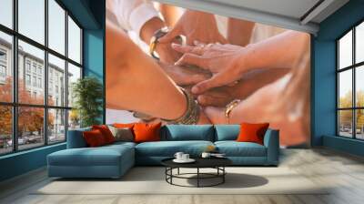 Close up with lot of women hands holding and touching each other for friendship concept - cooperation and help for caucasian females - friends forever and team at work - love lifestyle Wall mural