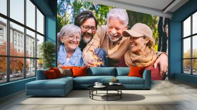 Family group celebrate and have fun together with fire sparklers in the woods nature outdoors. Mixed ages mature  and adult people smile and laugh hugging in friendship. Concept of leisure activity Wall mural