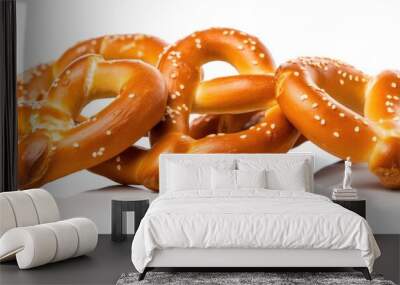 Fresh pretzels on the white background. Generative AI. Wall mural