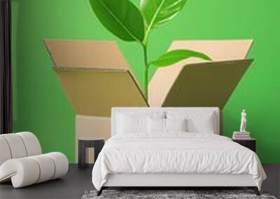 Green plant growing out of cardboard box on green background Wall mural