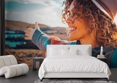 happy traveler tourist enjoy landscape and nature beauty opening arms and smiling happy. happiness a Wall mural