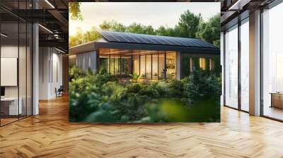 Luxury sustainable modern home with rooftop garden and solar panels, green architecture, environmental friendly, energy-efficient living, surrounded by nature Wall mural