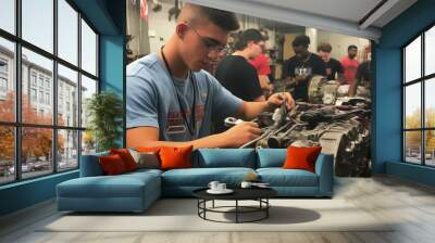 Young boy learns how to fix an engine. Student apprentice learns the trade. Working and learning concept. Mechanic school workshop lesson. Man work on car parts and learn how to repair engines Wall mural