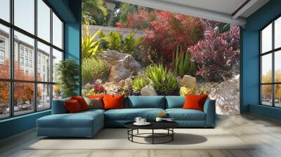 A gorgeous xeriscape with a variety of flowering plants and decorative rocks.  Wall mural