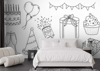 Birthday party celebration illustration set. Doodle playful style for party invite Wall mural