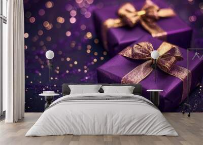 Close-Up of Two Christmas Gift Boxes with Bows Against Bright Bokeh Background Wall mural