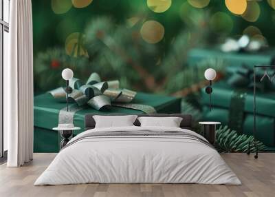 Close-Up of Two Christmas Gift Boxes with Bows Against Bright Bokeh Background Wall mural