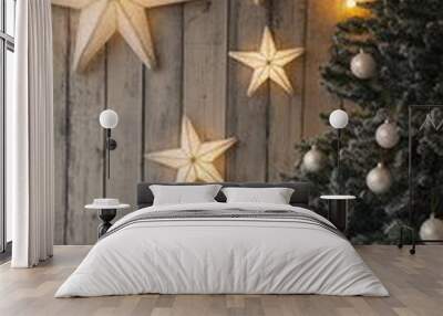 Cozy Christmas Room with Starry Lights and Light Wood Backdrop Wall mural