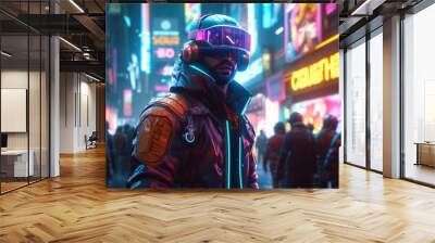 Cyberpunk man standing in a crowded market street, illuminated by a neon sign, futuristic attire, high-tech visor (Genereative AI) Wall mural