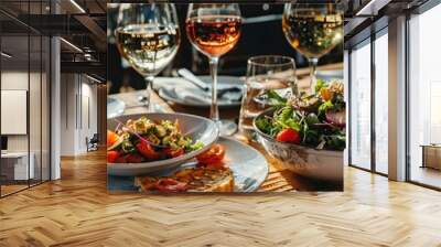 Elegant Dining Table with Food, Wine, and Salad Wall mural