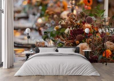 Elegant Thanksgiving Table Setting with Candles and Flowers Wall mural