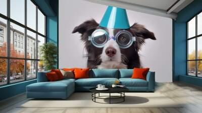 happy birthday party concept funny cute puppy dog border collie wearing birthday silly hat and eyeglasses isolated on white background pet dog on birthday day and copy space generative ai Wall mural