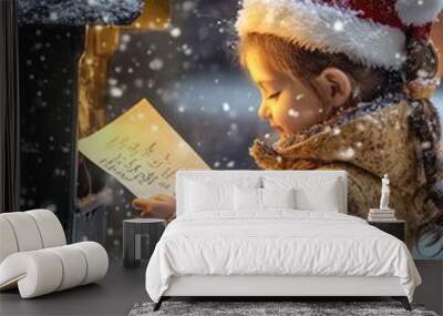 Joyful Child Dropping Letter to Santa in North Pole Mailbox Wall mural