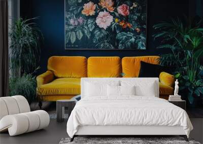 Modern Living Room with Yellow Velvet Sofa, Blue Walls, and Large Floral Painting Wall mural