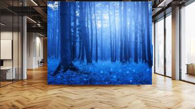 mystical magical blue forest at night with glowing lights Wall mural