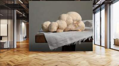 Closeup shot of white Lion's mane mushrooms on a white cloth placed on a wooden table Wall mural