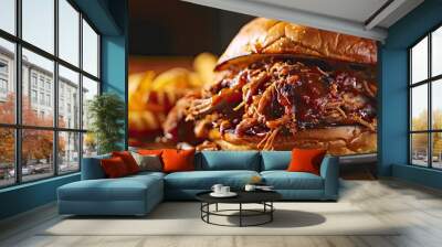 Succulent Pulled Pork, Slow Cooker Delight on Hamburger Bun Plate Wall mural