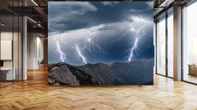 thunderous dark sky with black clouds and flashing lightning panoramic view concept on the theme of weather natural disasters storms typhoons tornadoes thunderstorms lightning lightning Wall mural