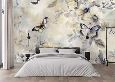 Watercolor background patter with flowers and butterflies Wall mural