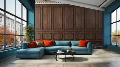 Classic luxury empty room with wooden boiserie on the wall. Walnut wood panels, premium cabinet style. 3d illustration Wall mural