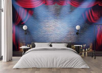 Theater stage with red velvet curtains, volume light and smoke. 3d illustration Wall mural