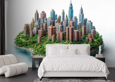 illustration of 3D pixel art city on white background Wall mural