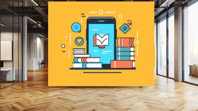 illustration of smartphone ans books, education concept Wall mural