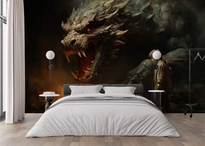 In a fierce encounter, Siegfried bravely confronts a treacherous dragon, embodying courage and determination in the face of danger, showcasing the classic battle between valor and adversity Wall mural