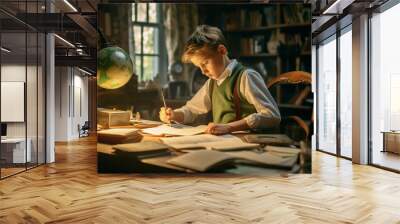 Little kid boy writing and reading books at table in lamp light Wall mural