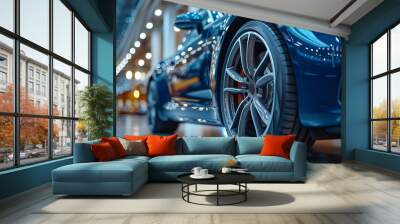 Modern and new car in dealer service, close-up view on wheels Wall mural