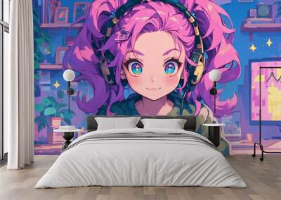 Pixel art style amine teenager girl play with gamepad in vide game Wall mural