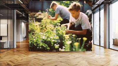 teenagers planting vegetables in the garden Wall mural