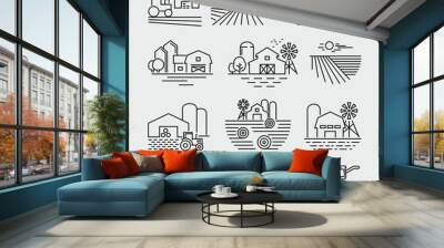 Farm and farming fields line icons vector Wall mural