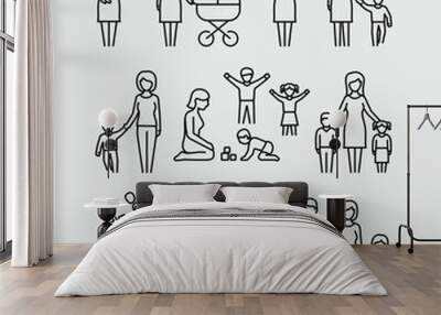 mother and child, nanny watching baby, family vector icons set in thin line style Wall mural