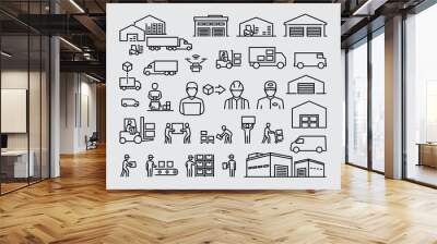 Warehouse logistics buildings, delivery cargo trucks, forklifts and workers vector line icons set Wall mural