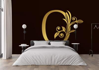 Gold Nature Leaf O Luxury Letter Logo Concept. Elegant floral style with alphabet font vector design template. Wall mural