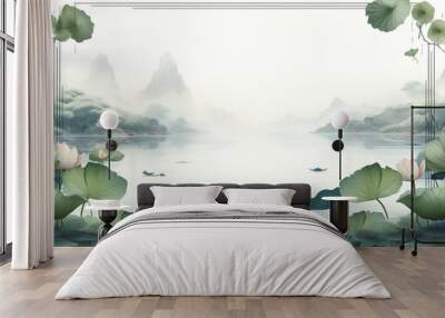 Chinese and Japanese style Water Botanical Graphic Frame Wall mural