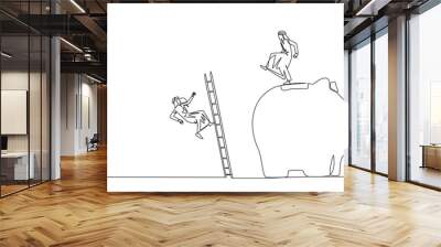 Continuous one line drawing Arab businessman kicks rival who climbs piggy bank with stair. Bringing down opponents so don't have any investment in future. Single line draw design vector illustration Wall mural