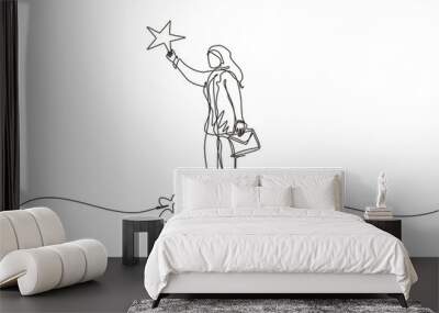 Continuous one line drawing Arabian businesswoman reaching and grab precious star. Business champion succeed get reward, winning star employee, career path, dream job. Single line draw design vector Wall mural