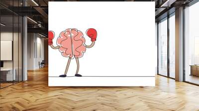 Continuous one line drawing brain with boxing gloves celebrating victory. Concept of proving and defending your position, power mind, memory. Single line draw design vector graphic illustration Wall mural