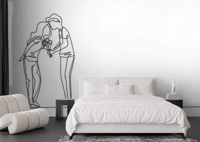 Continuous one line drawing cute boy and girl kissing with holding bouquet of flowers. Kissing couple of young lovers. Romantic couple in love. Single line draw design vector graphic illustration Wall mural