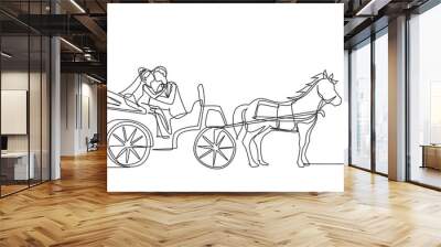 Continuous one line drawing cute wedding couple trying kiss each other. Just married. Happiness bride and groom sitting in carriage pulled by horse. Single line draw design vector graphic illustration Wall mural