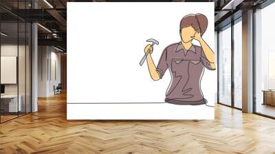 Continuous one line drawing female carpenter with call me gesture works in her workshop making wooden products. Skills in using carpentry tools. Single line draw design vector graphic illustration Wall mural