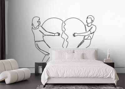 Continuous one line drawing lovers broken heart. Young man, woman pulled apart causing each other feel great sorrow, couple in disagreement at end of relationship. Single line graphic design vector Wall mural