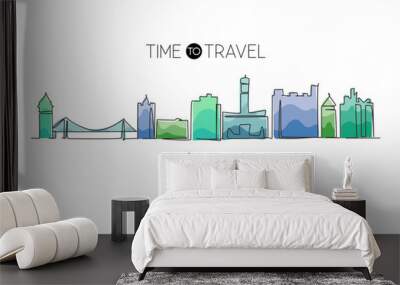 Continuous one line drawing Luton city skyline, England. Historical town landscape in the world. Best holiday destination. Editable stroke trendy single line draw design vector graphic illustration Wall mural