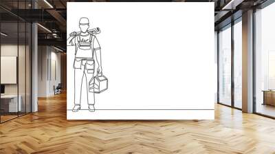 Continuous one line drawing man plumber holding wrench and tools box in hands stands isolated. Professional serviceman character in uniform ready for work. Single line draw design vector illustration Wall mural